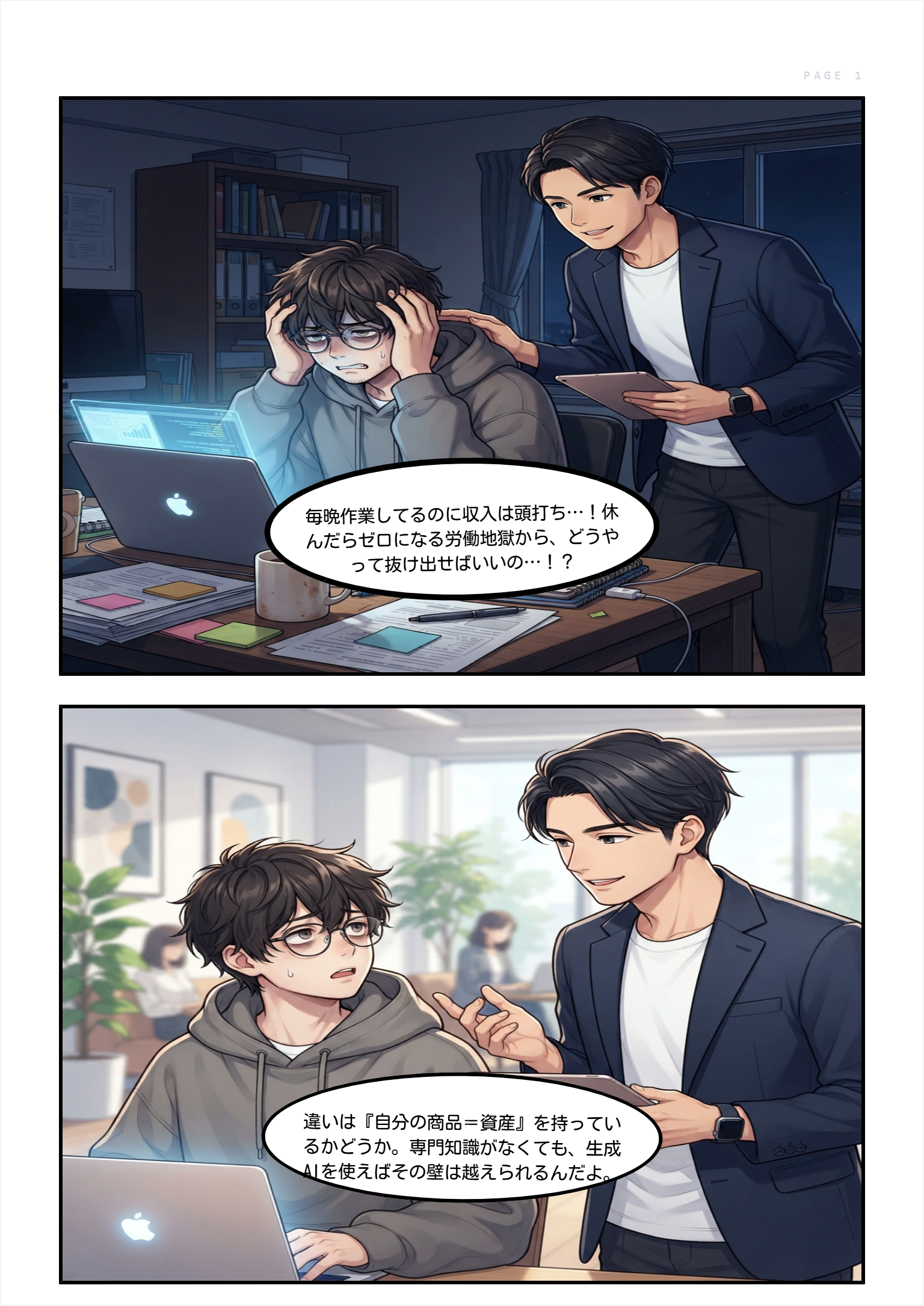 労働型ビジネスから資産型ビジネスへの転換を描いたマンガ