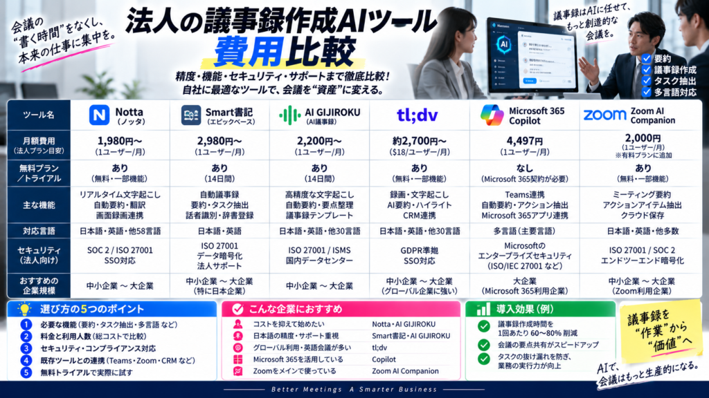 法人の議事録作成AIツール費用比較