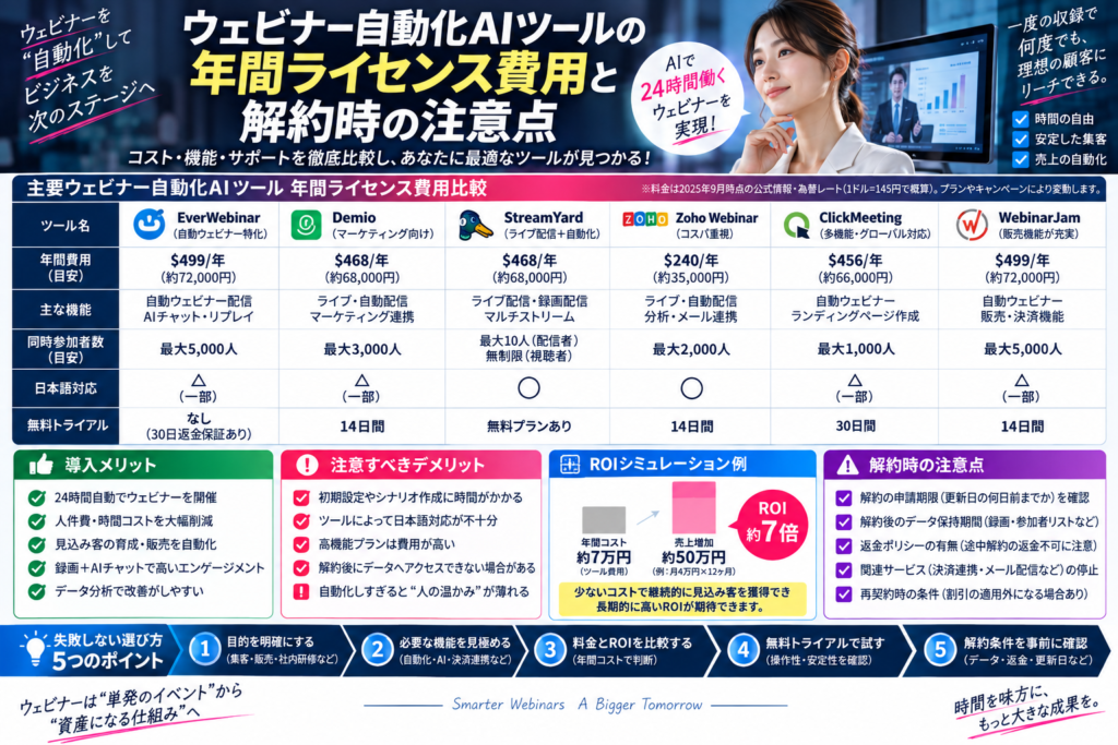ウェビナー自動化AIツールの年間ライセンス費用と解約時の注意点