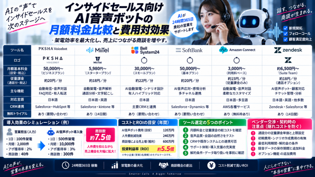 インサイドセールス向けAI音声ボットの月額料金比較と費用対効果