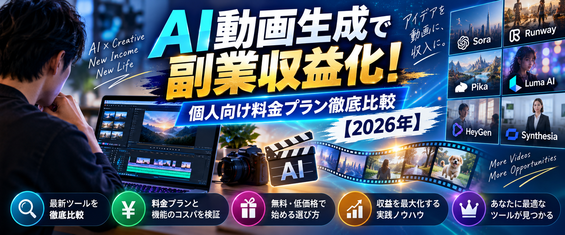 AI動画生成で副業収益化！個人向け料金プラン徹底比較【2026年】