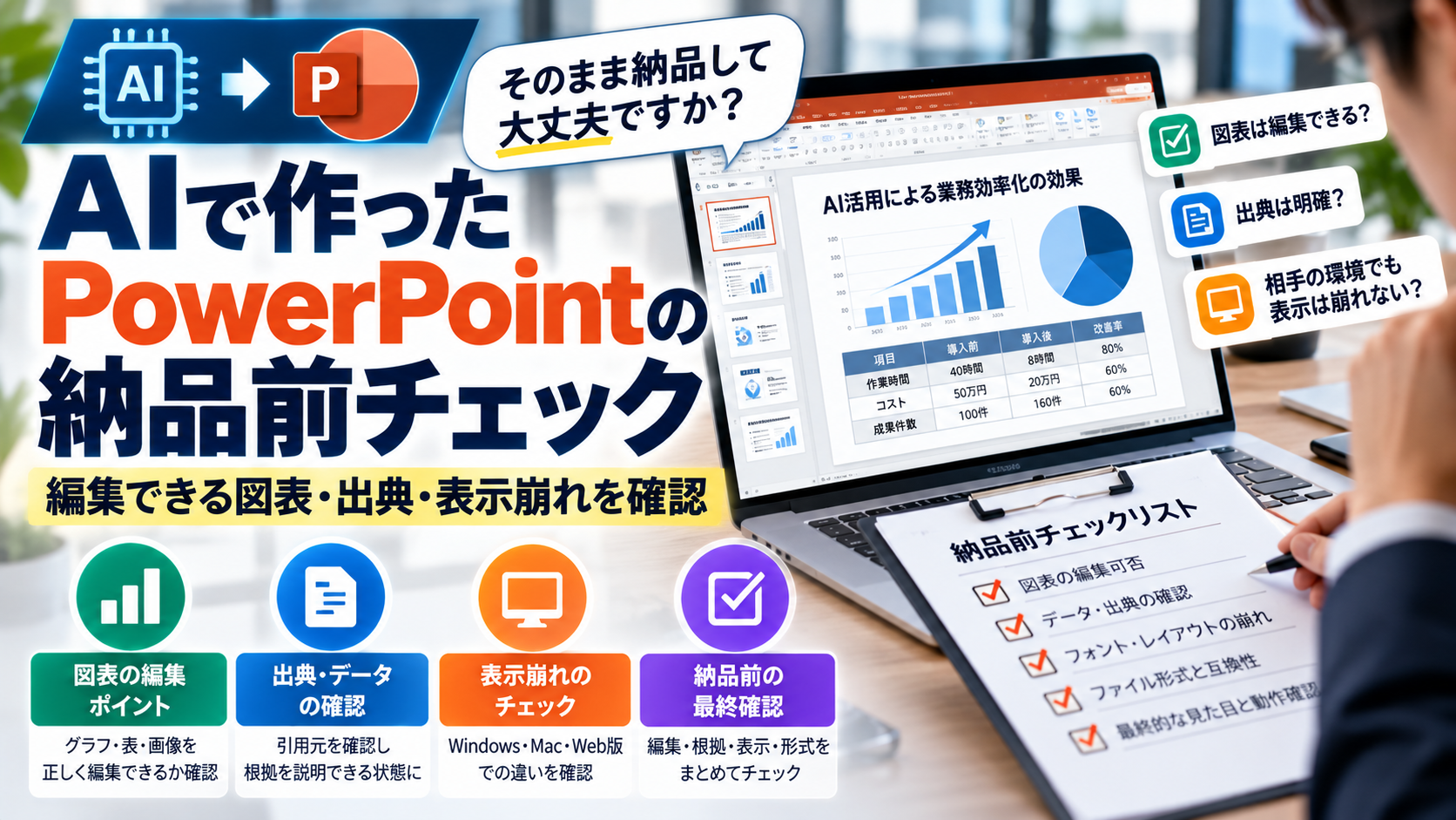 AIで作ったPowerPointの納品前チェック｜編集できる図表・出典・表示崩れを確認